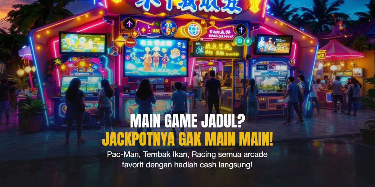 Deretan mesin arcade klasik di malam hari dengan pencahayaan neon dan keramaian pemain berbagai usia.
